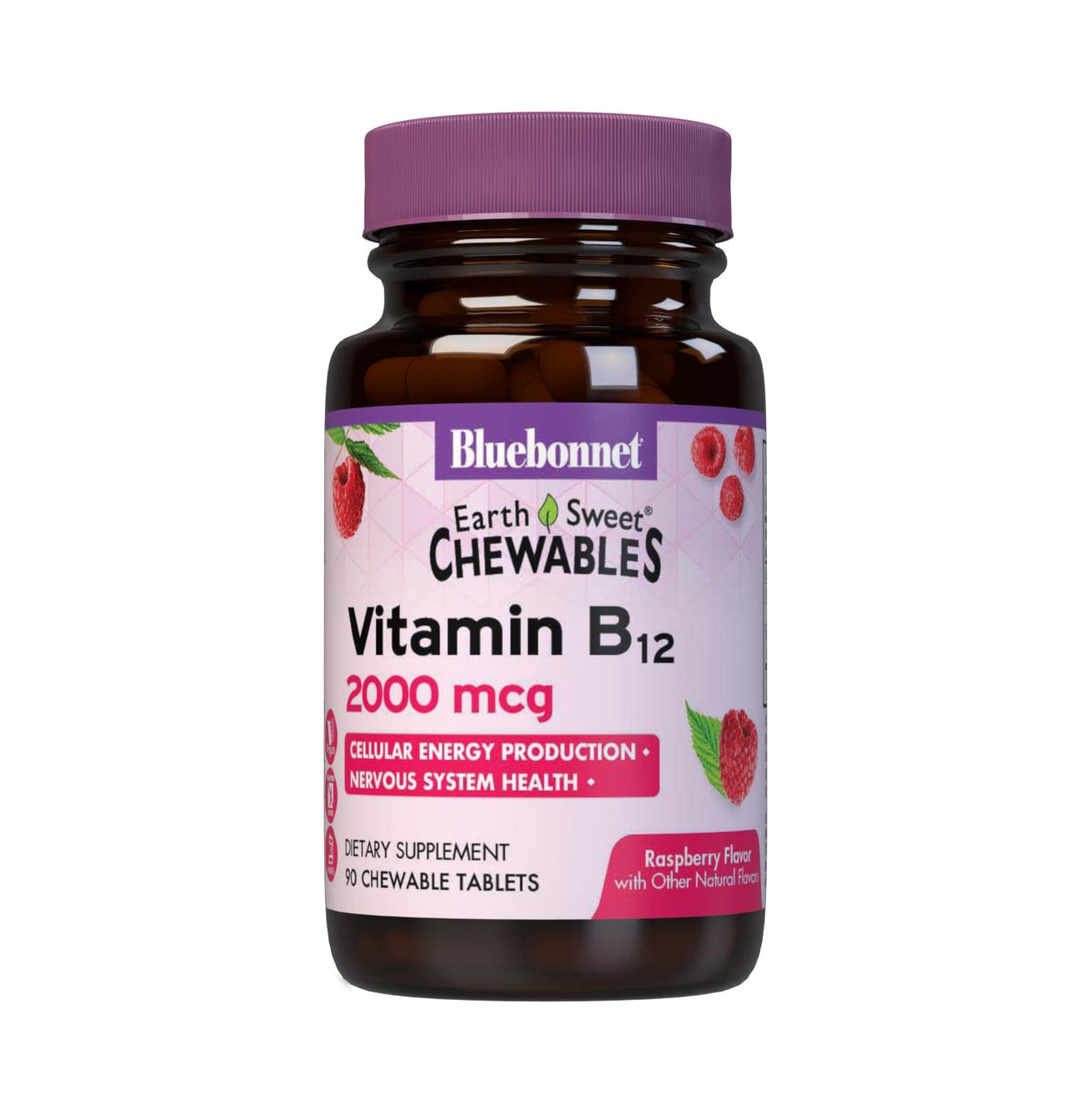 BlueBonnet Nutrition Earth Sweet Vitamin B12 2000 mcg Chewable Tablets, Soy-Free, Gluten-Free, Kosher Certified, Dairy-Free, Vegan, Raspberry Flavored, 90 Chewable Tablets, 90 Servings