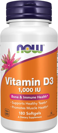 Thumbnail for NOW Foods, Vitamin D-3, High Potency, 1,000 IU, 180 Softgels