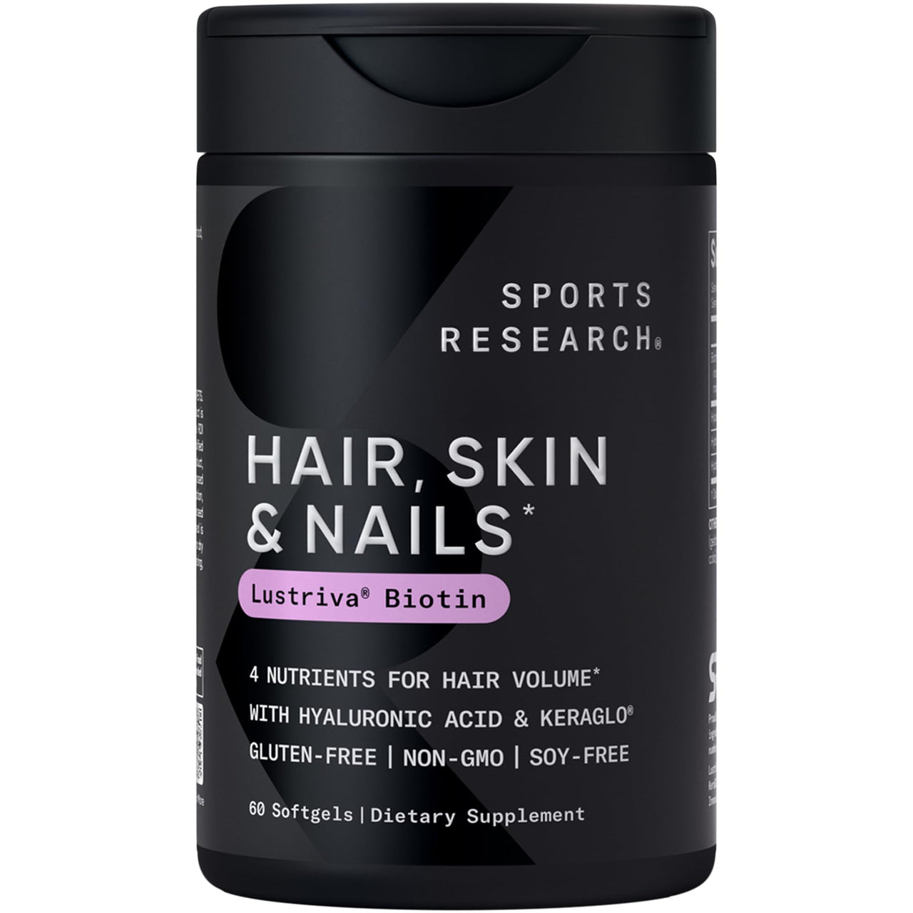 Sports Research® Hair, Skin & Nails Complex - Supports Hair Growth, Glowing Skin & Strong Nails - w/Lustriva® Biotin, Collagen, Hyaluronic Acid & KeraGLO® Keratin - Non-GMO, Gluten-Free, 60 Softgels