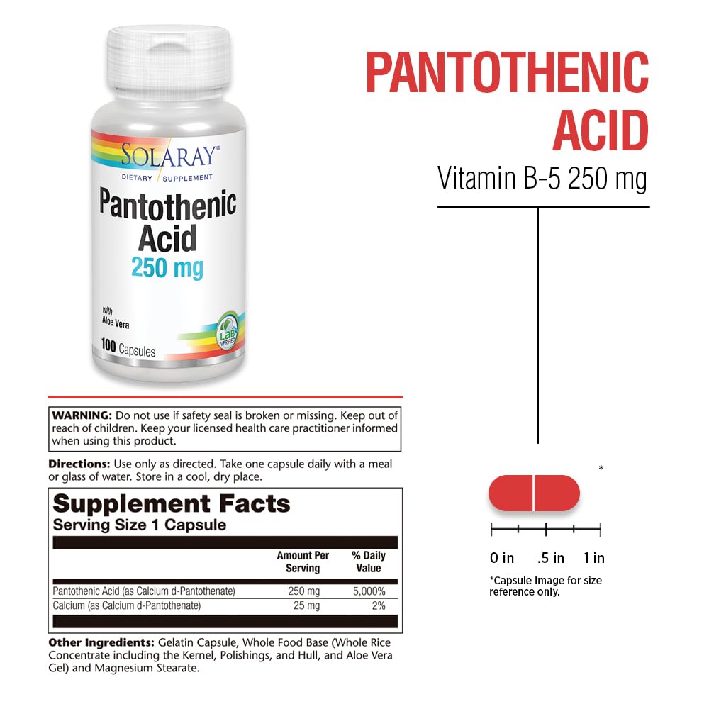 SOLARAY Pantothenic Acid 250mg | Vitamin B5 | Energy Metabolism, Hair, Skin, Nails & Digestive Support | 100CT
