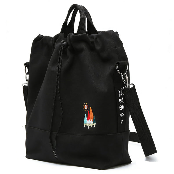 Women Canvas Tote Handbags Casual Shoulder Work Bag Crossbody Bag with Sunshine Embroidery (Black)