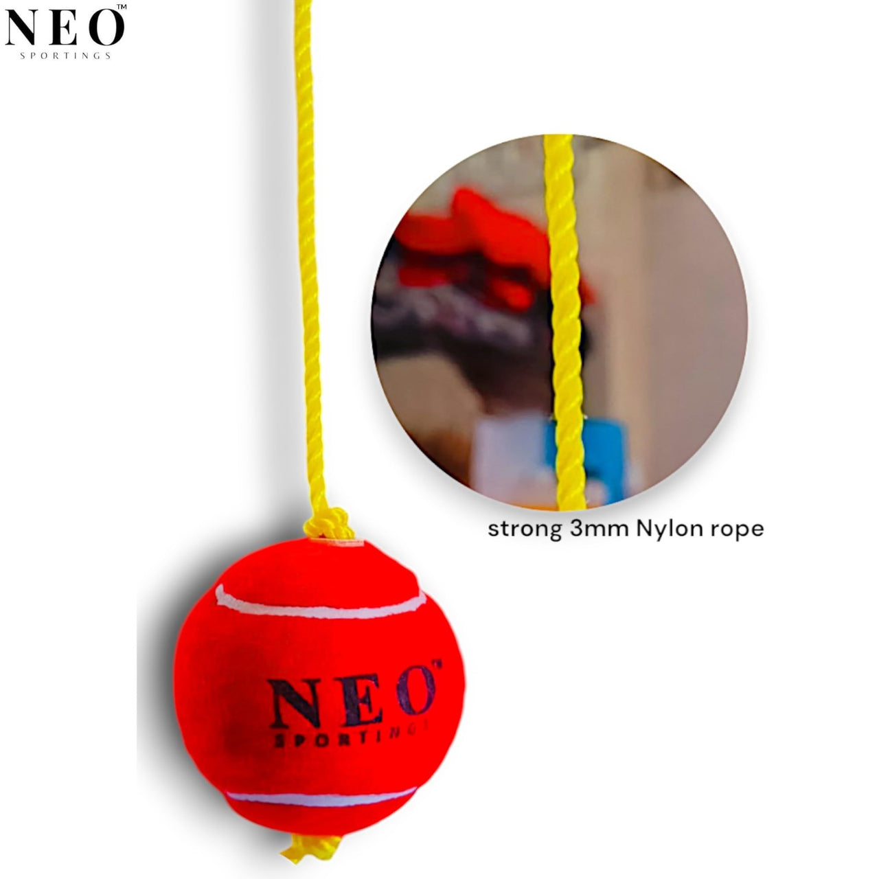 Neo Sportings Training/Playing/Hanging Ball with 3 Meter Nylon Rope, for Practice and Drill, Cricket/Baseball/Pet Toy, Red Colour (1)