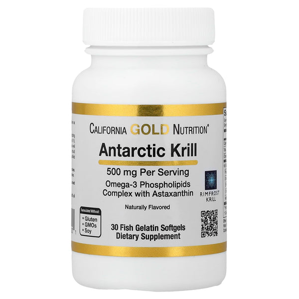 California Gold Nutrition Antarctic Krill Oil, 500 mg Omega-3 Phospholipids with Naturally Occurring Astaxanthin, Natural Strawberry & Lemon Flavor, Non GMO, 500 mg, 30 Fish Gelatin Softgels