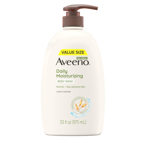 Aveeno Daily Moisturizing Body Wash for Women and Men for Dry & Sensitive Skin, Paraben, Soap & Dye-Free, Gentle Shower Cleanser, Dermatologist Recommended Brand, Lightly Scented, 33 Fl Oz