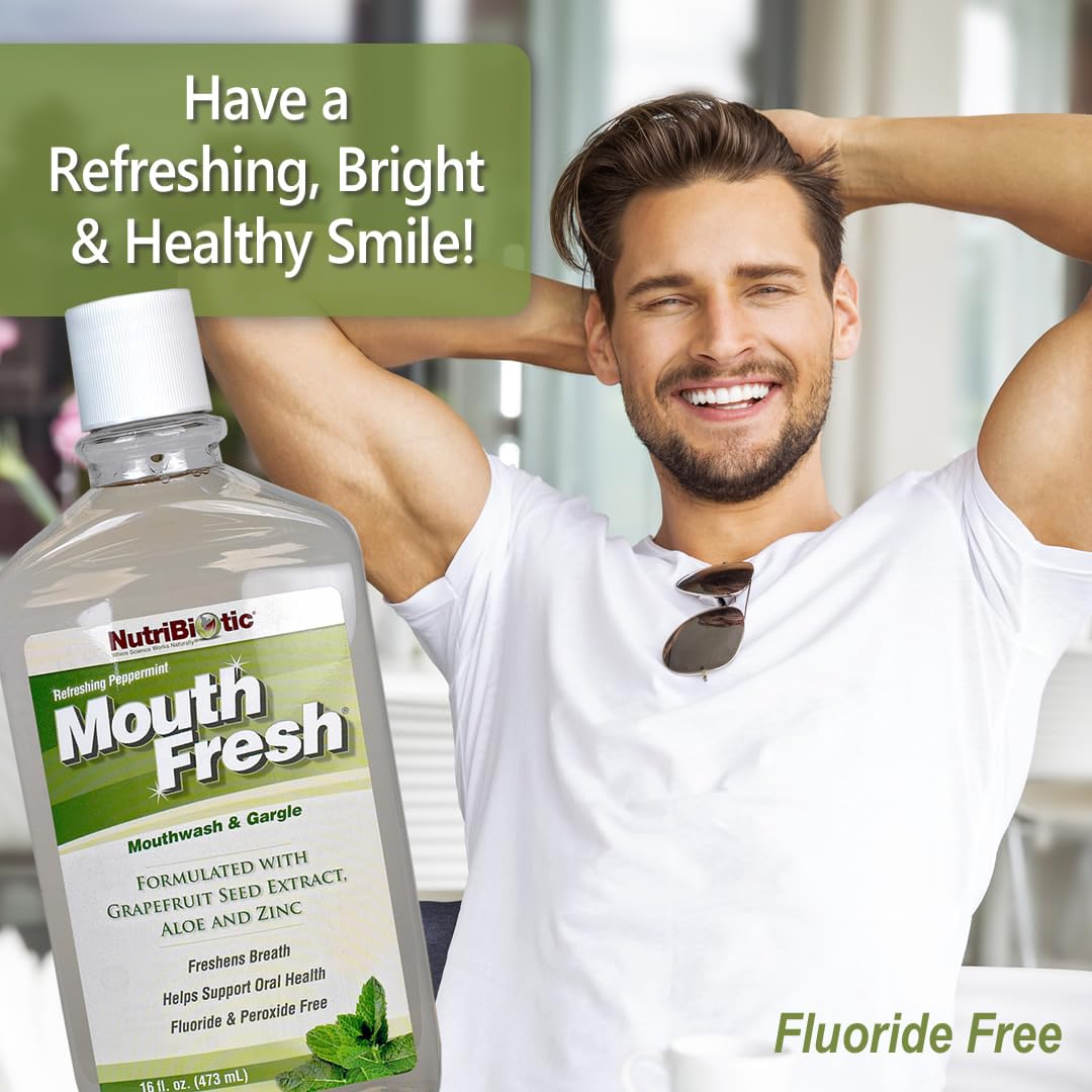 NutriBiotic MouthFresh, Refreshing Peppermint 16 Oz. Twin Pack | Natural Mouthwash & Gargle with Grapefruit Seed Extract, Aloe, Zinc & Witch Hazel | Fluoride-Free & Made Without GMOs & Gluten
