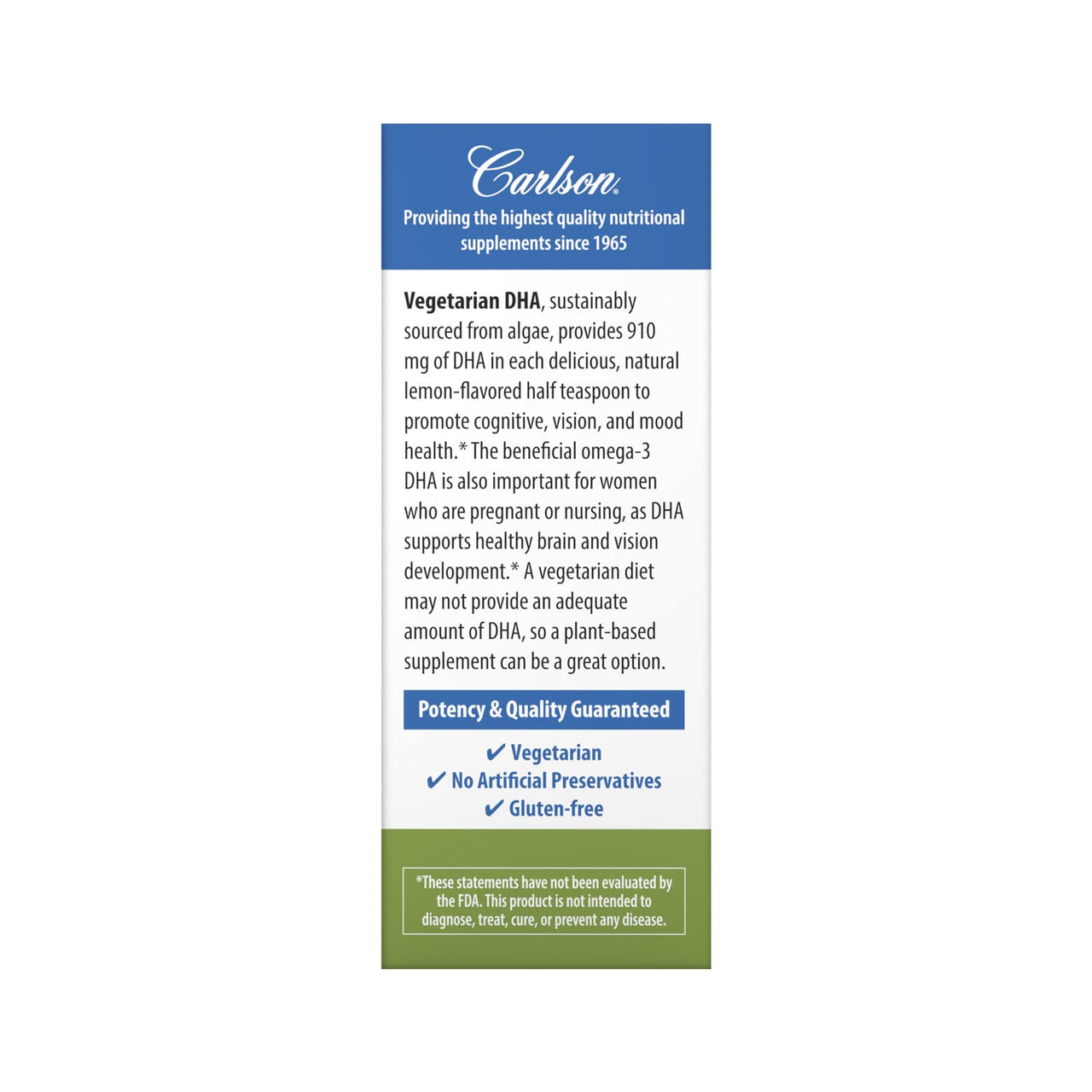 Carlson - Vegetarian DHA, 910 mg DHA, Cognitive Function, Mood Health, Plant-Based, Lemon, 60 mL (2 fl oz)