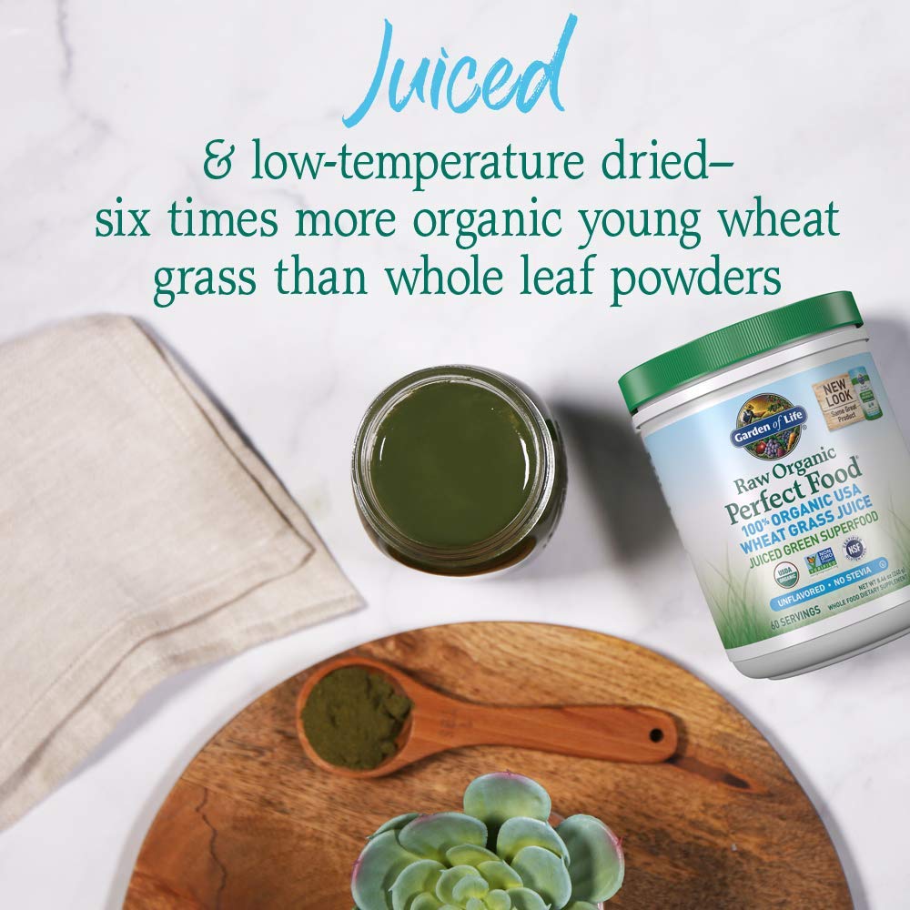 Garden of Life Raw Organic Perfect Food 100% Organic USA Wheat Grass Juice - Juiced Green Superfood Greens Powder, 60 Servings - Stevia-Free, Non-GMO, Vegan, Gluten Free Whole Food Dietary Supplement