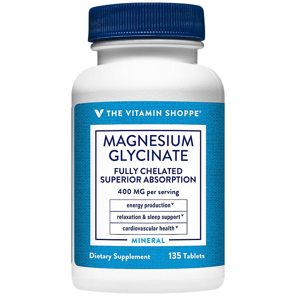 The Vitamin Shoppe Magnesium Glycinate 400 MG - Muscle Relaxation, Bone Health & Calm Support, Gentle on Stomach (135 Tablets)