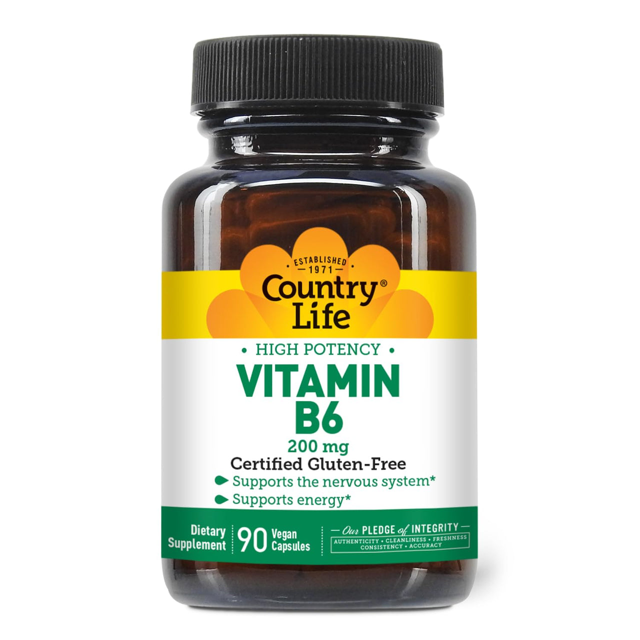 Country Life Vitamin B-6, High Potency, Supports Energy and The Nervous System, 200mg, 90 Vegan Capsules, Certified Gluten Free, Vegan, Halal