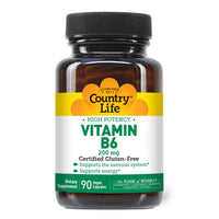 Thumbnail for Country Life Vitamin B-6, High Potency, Supports Energy and The Nervous System, 200mg, 90 Vegan Capsules, Certified Gluten Free, Vegan, Halal