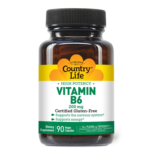 Country Life Vitamin B-6, High Potency, Supports Energy and The Nervous System, 200mg, 90 Vegan Capsules, Certified Gluten Free, Vegan, Halal