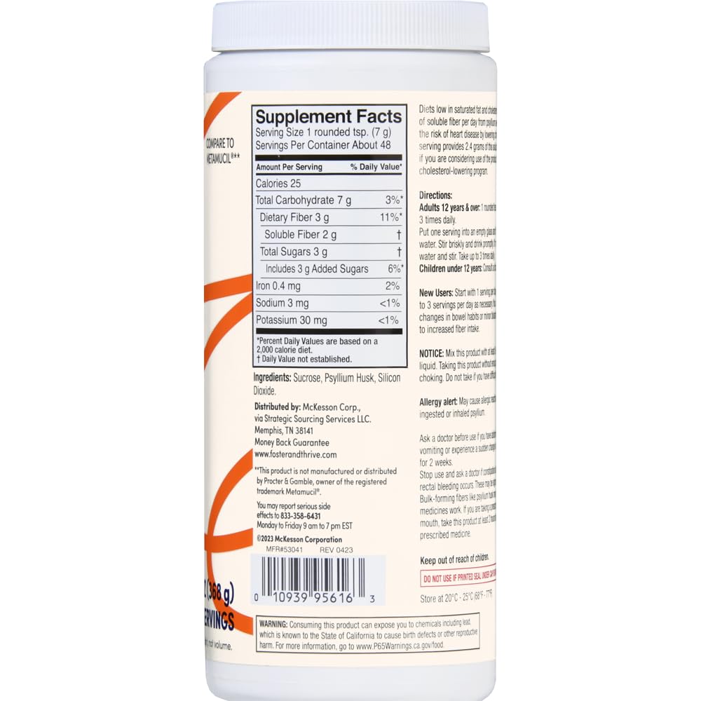 Foster & Thrive Daily Psyllium Husk Powder Supplement, 4-in-1 Fiber for Digestive Health Laxative, Relieves Occasional Constipation, Sweetened w/Real Sugar, Original Flavor, 48 Doses