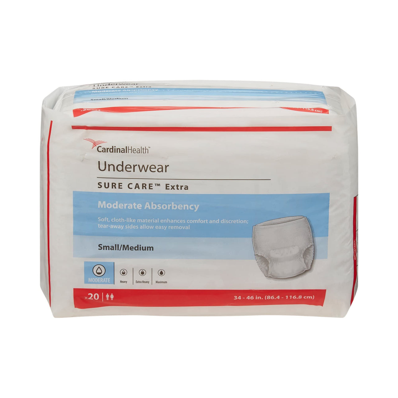Cardinal Health™ Protective Underwear, Sure Care™ Extra, Moderate Absorbency, Small/Medium, Pull-On Adult Disposable Underwear with Tear-Away Seams, Cloth-Like & Discreet - Bag of 20