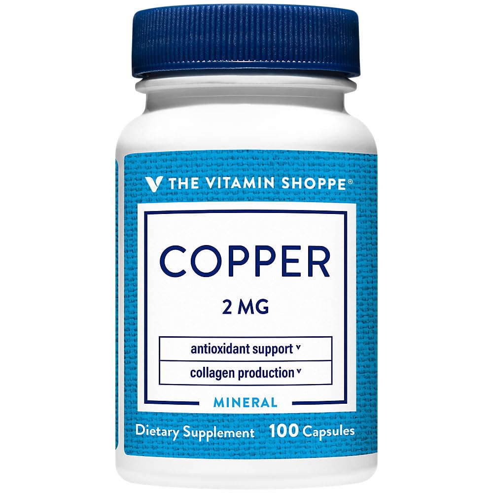 The Vitamin Shoppe Brand Copper 2 mg Capsules, Essential Trace Mineral Supplement for Men & Women, Supports Antioxidant Function, Collagen Production & Iron Metabolism, Gluten Free, 100 Capsules