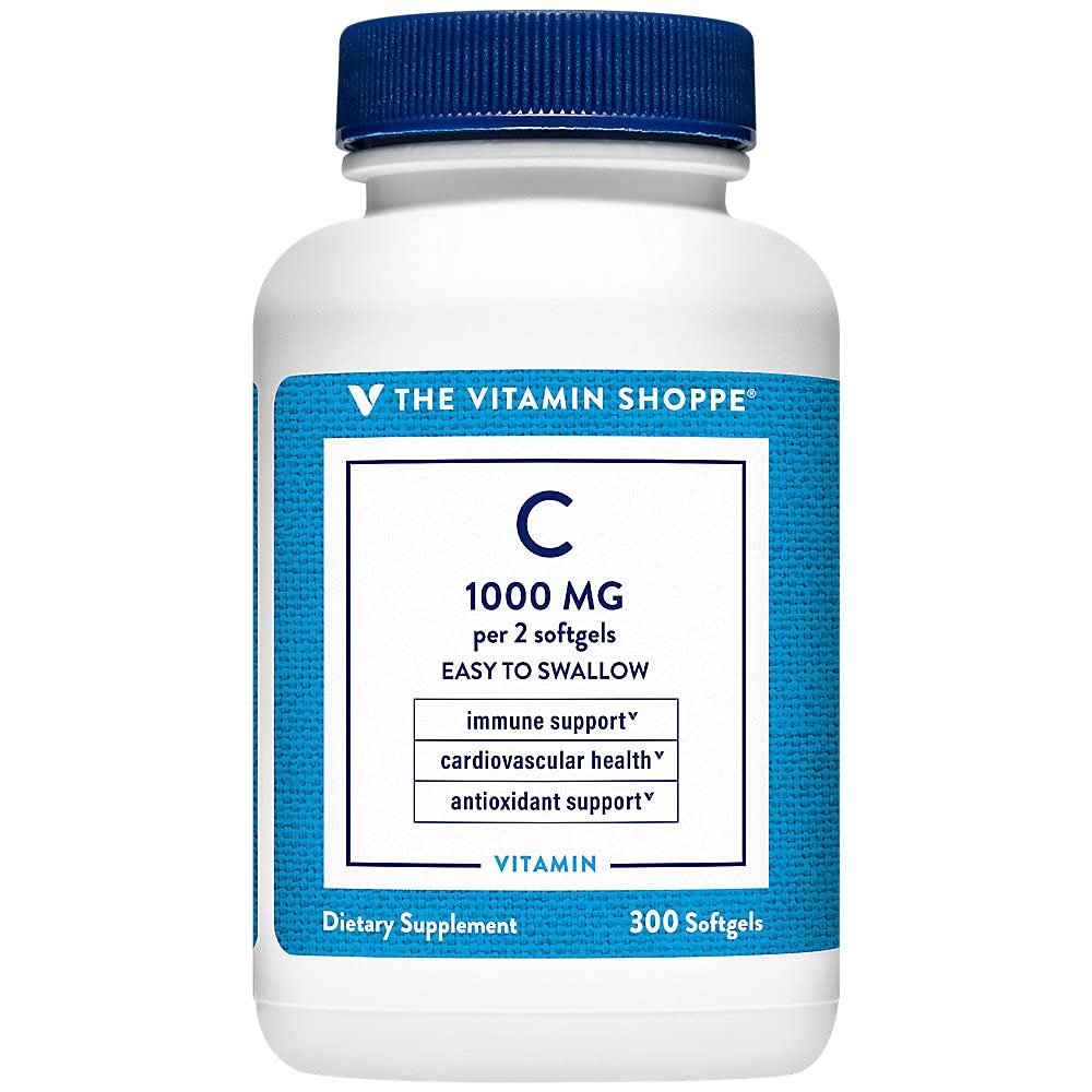 The Vitamin Shoppe Brand Vitamin C 1000 mg Capsules with Antioxidants, Immune & Collagen Production Support Supplement for Men and Women, Sugar & Gluten Free, Vegetarian, Non GMO, 300 Softgels