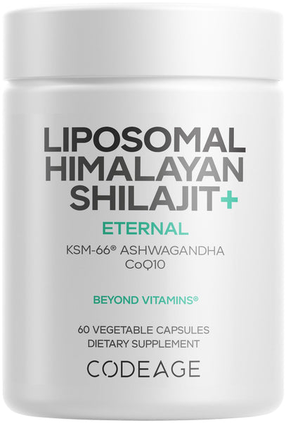 Codeage Liposomal Himalayan Shilajit+ Supplement - 500 mg Shilajit, KSM-66 Ashwagandha, CoQ10, Fulvic Ionic Minerals, Calcium, Magnesium, BioPerine - Liposomal Delivery - Non-GMO - 60 Capsules
