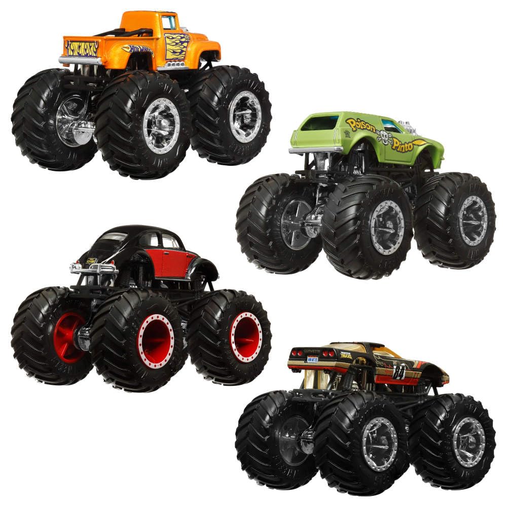 Hot Wheels Monster Trucks 4-Pack, Set of 4 1:64 Scale Toy Vehicles with Giant Wheels (Styles May Vary)
