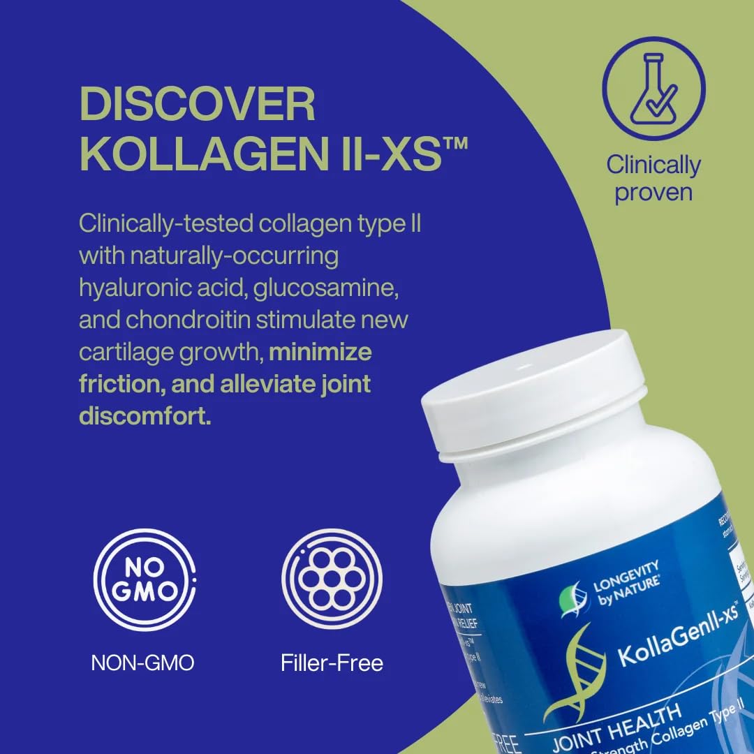 Longevity by Nature Extra Strength KollaGen II-XS- Collagen Type II with Hyaluronic Acid, Chondroitin, and Glucosamine â€“ Joint Support, 120 Capsules.