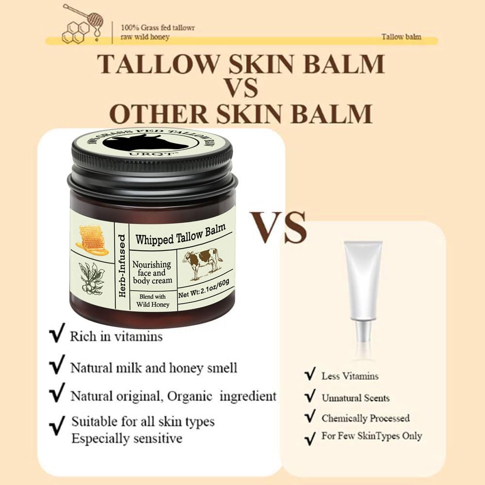 URQT Beef Tallow for Skin - Organic Grass-Fed Whipped Beef Tallow and Honey Balm - Deeply Moisturizing for Face & Body - Natural Skin Care for Soft, Supple Skin
