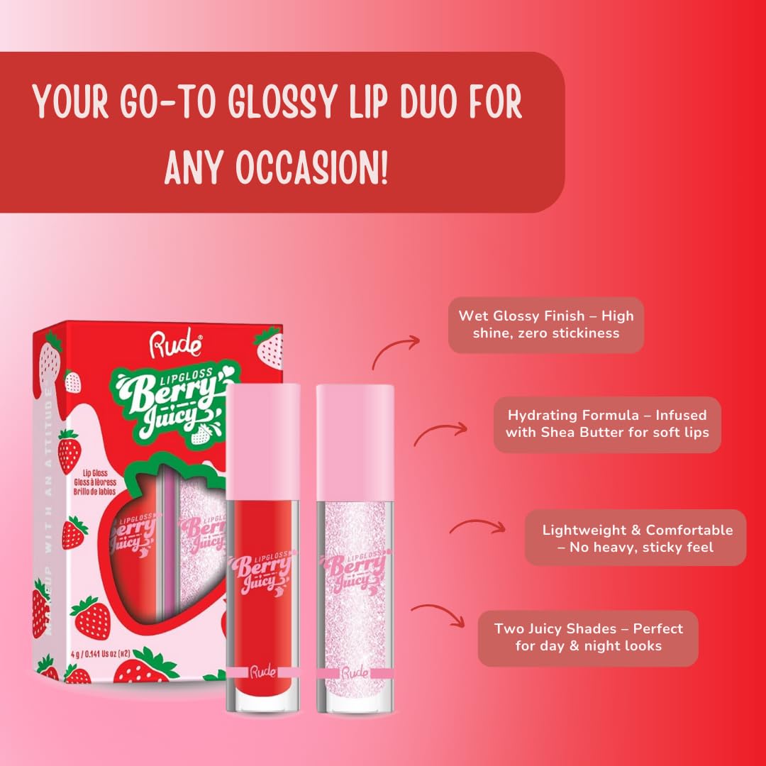 RUDE Cosmetics Berry Juicy Lip Gloss for Women, High Shine Lip Glosses Set, Moisturizing & Hydrating Lipgloss for Girls, Ideal for Day & Night Makeup Looks, Crystalize & Code Red