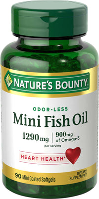 Thumbnail for Nature's Bounty Mini Fish Oil Softgels, Burpless Fish Oil Omega 3 Supplements, Supports Heart Health, 90 Softgels (Pack of 1)