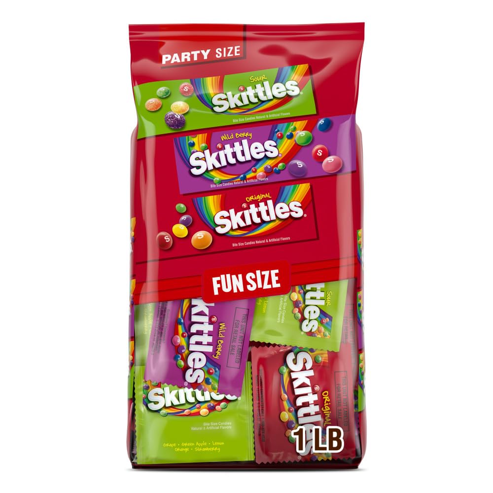 Wrigley's Skittles Fun Size Original, Wild Berry, and Sour Chewy Individually Wrapped Stocking Stuffers Christmas Candy Variety Pack, 26.46 Oz Bulk Bag
