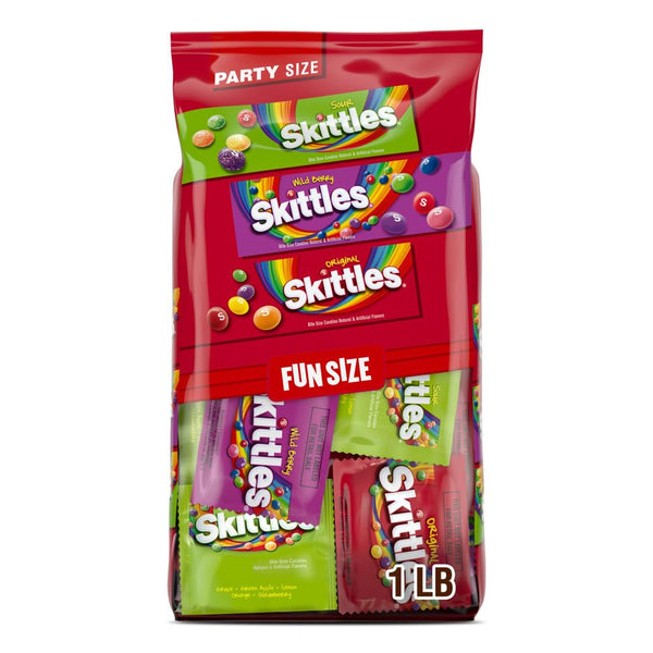 Wrigley's Skittles Fun Size Original, Wild Berry, and Sour Chewy Individually Wrapped Stocking Stuffers Christmas Candy Variety Pack, 26.46 Oz Bulk Bag