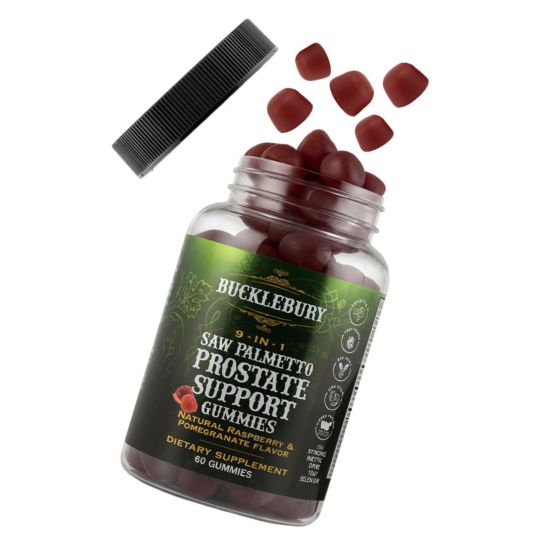 BUCKLEBURY 9-in-1 Natural Saw Palmetto Gummies with Raspberry & Pomegranate Flavor - Plant-Based Prostate Support Supplements for Mens Bladder Health, Hair Growth & Urinary Support - 60 Gummies