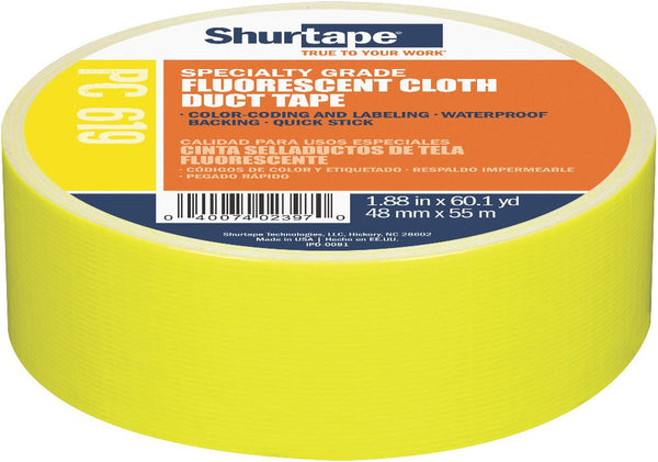 Shurtape PC 619 Specialty Grade, Fluorescent Cloth Duct Tape, Hi-Visibility Social Distancing Marking, 48mm x 55m, Fluorescent Yellow, 1 Roll (139587)
