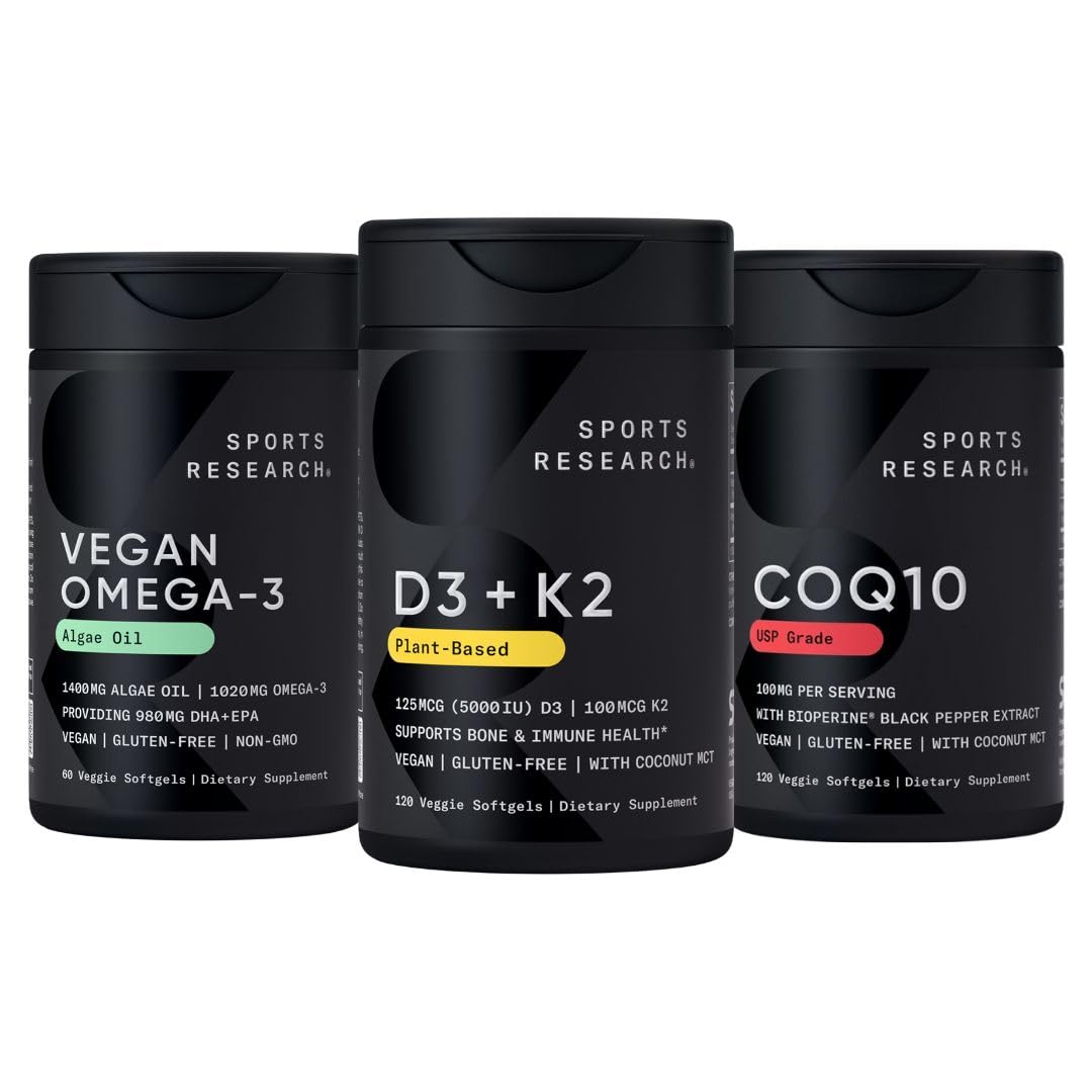 Sports Research® Vegan Supplements Pack - Vegan Omega-3 Fish Oil Alternative from Algae Oil + Vitamin D3 + K2 + CoQ10
