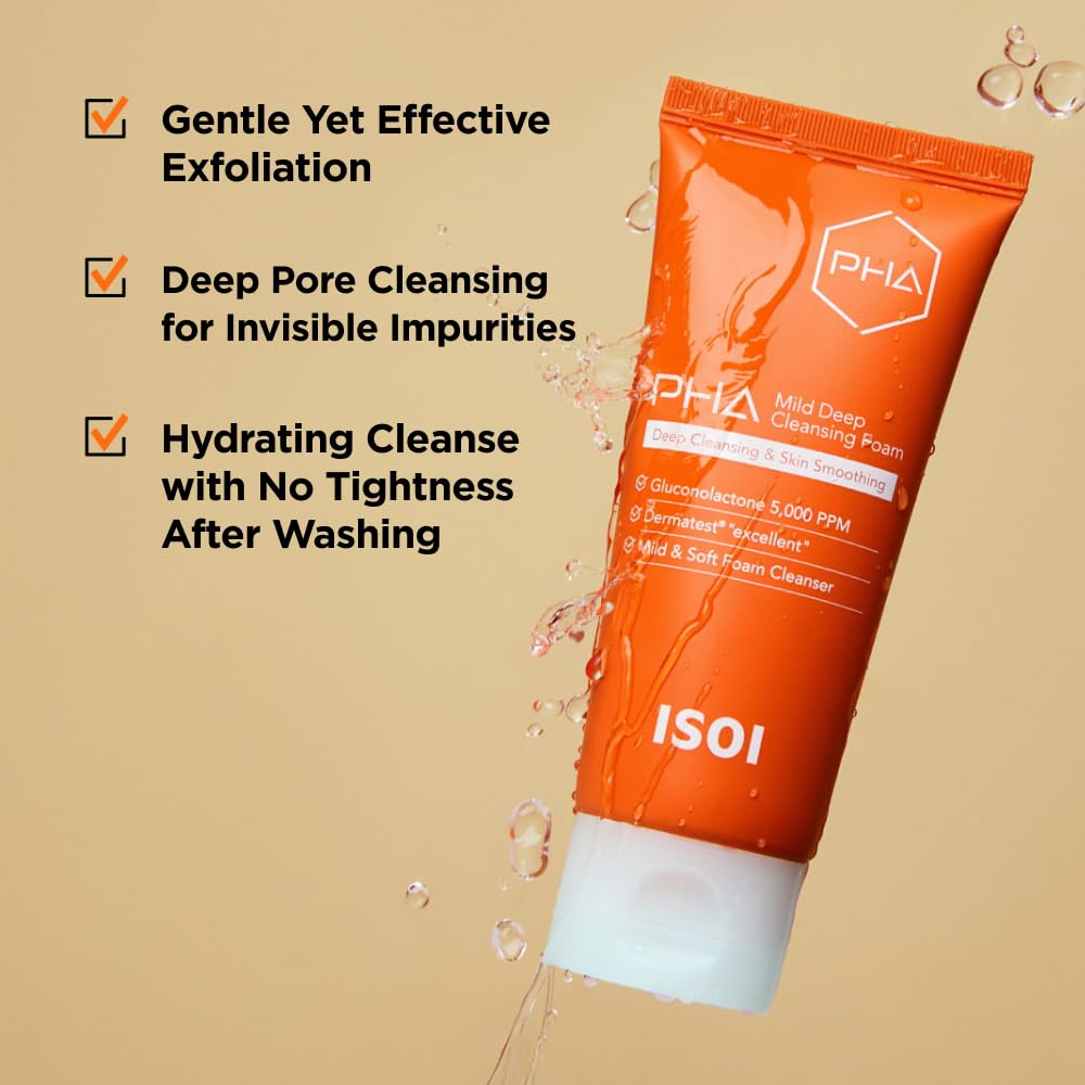 ISOI PHA Mild Deep Cleansing Foam, Gentle Daily Exfoliating Cleanser with Hydrating PHA Formula, Deep Cleansing for Sensitive Skin, Korean Skin Care (3.38 fl.oz, 100ml)