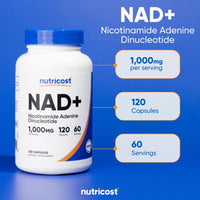 Thumbnail for Nutricost NAD+ Supplement 1,000mg per Serving,120 Capsules (Nicotinamide Adenine Dinucleotide) - 60 Servings, Gluten-Free, Vegan