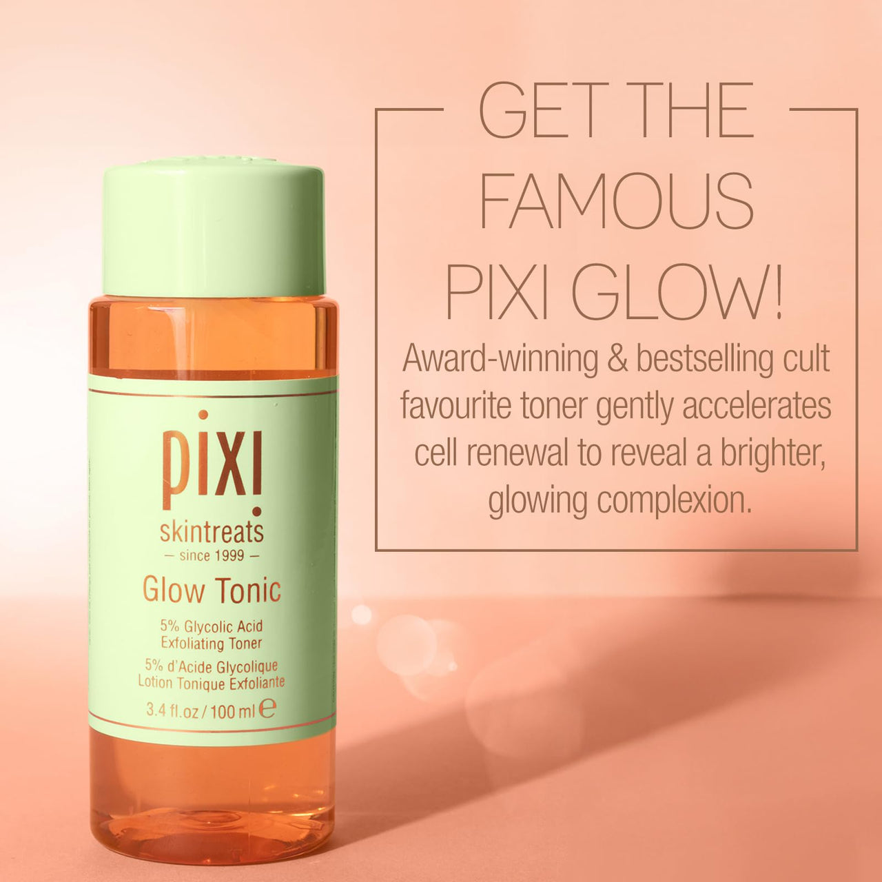 Pixi Glow Tonic Balancing Face Toner Glycolic Acid Toner for Radiant Skin Daily Brightening Toner (3.4 fl oz / 100 ml,)