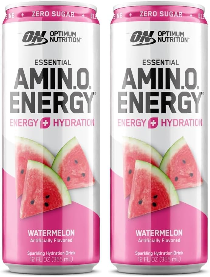 Optimum Nutrition Amino Energy Sparkling Hydration Drink, Electrolytes, Caffeine, Amino Acids, BCAAs, Sugar Free, Watermelon, 12 Fl Oz, 1 count (Packaging May Vary) (Pack of 2)