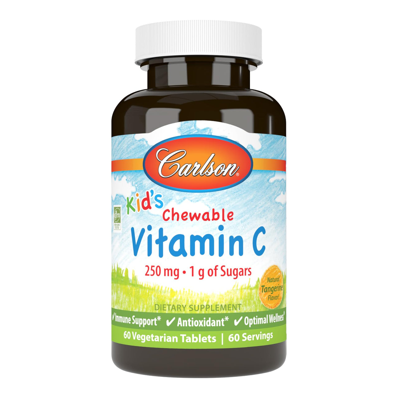 Carlson - Kid's Chewable Vitamin C, 250 mg, 1 g of Sugars, Immune Support & Optimal Wellness, Antioxidant, Tangerine, 60 Vegetarian Tablets