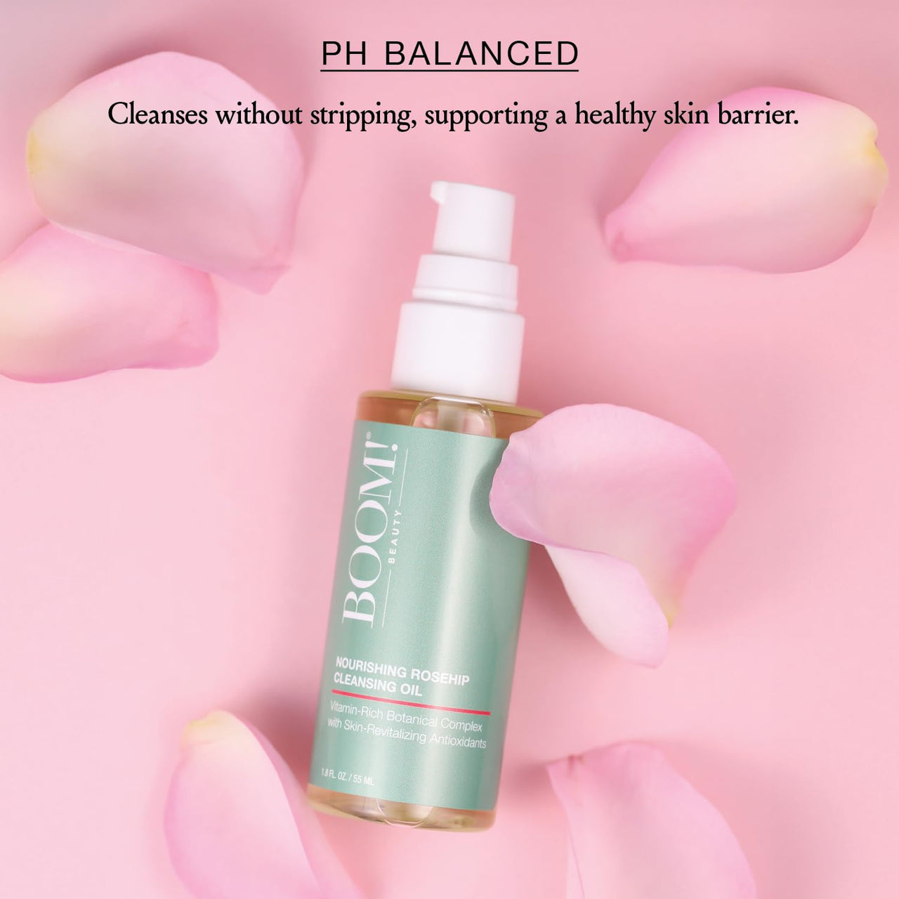 BOOM! BEAUTY - Rosehip Cleansing Oil Gentle Makeup Remover - Oil Cleanser for Sensitive Skin Double Cleansing - Dermatologist Tested Face Cleanser with 14 Botanical Complex pH Balanced - 1.8 fl oz