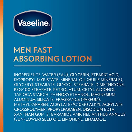 Vaseline Men Fast Absorbing 3-in-1 Face, Hands & Body Lotion for Men, 4 pack For Dry Skin,Absorbs in Just 15 Seconds for Moisturized Skin 20.3 Oz