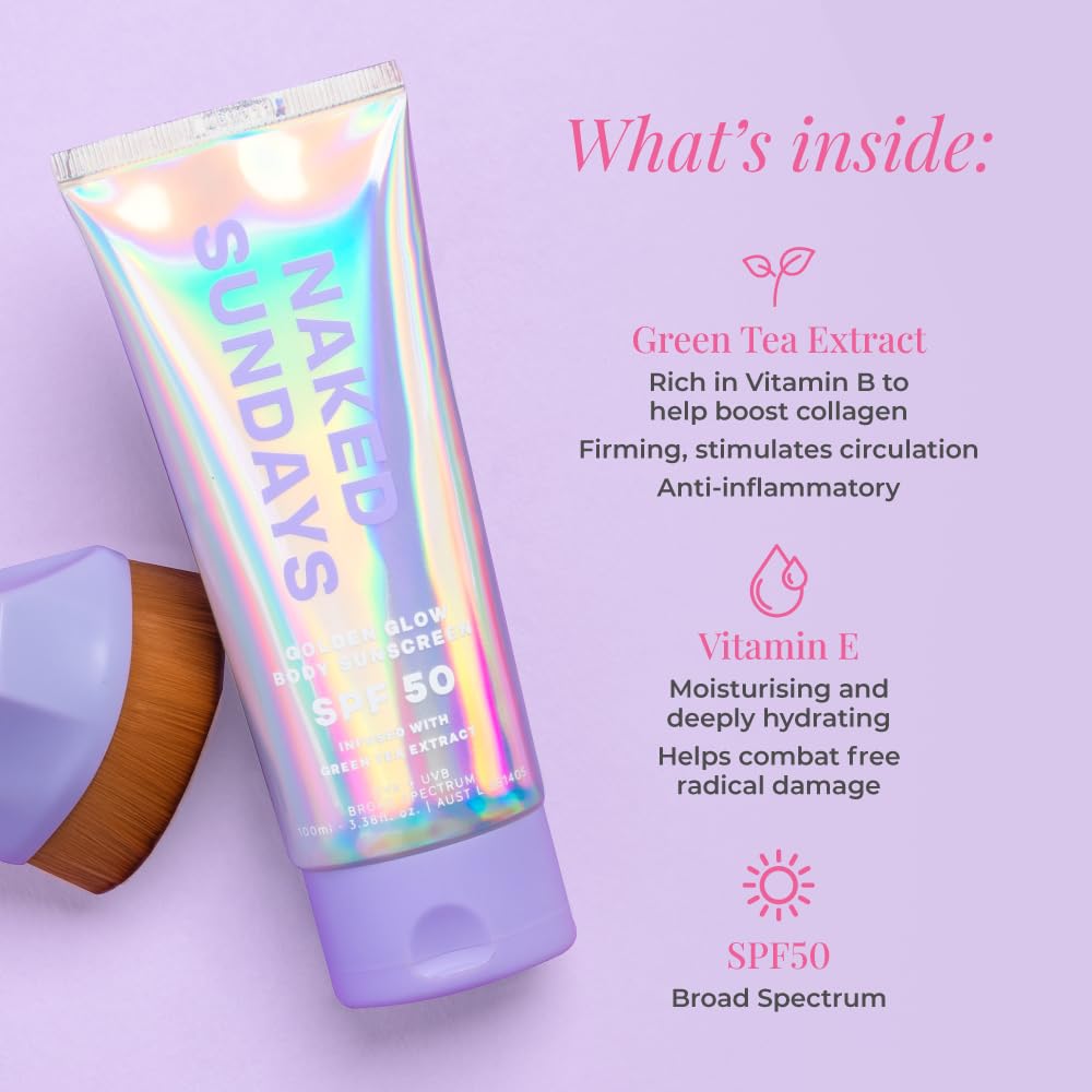 Naked Sundays SPF50 Golden Glow Body Sunscreen – Broad Spectrum UVA/UVB Protection, Glowy & Shimmering, Fragrance-Free, Firming, Non-Transfer SPF Lotion – 100ml