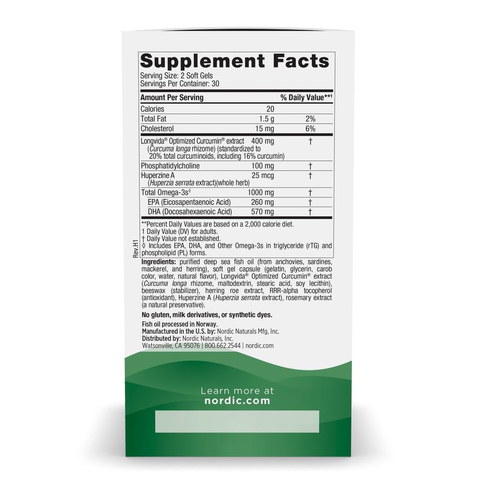 Nordic Naturals Memory Support with Curcumin - 60 Soft Gels - 1000 mg Omega-3 + 400 mg Optimized Curcumin - Memory, Cognition - Contains Phosphatidylcholine & Huperzine A - Non-GMO - 30 Servings