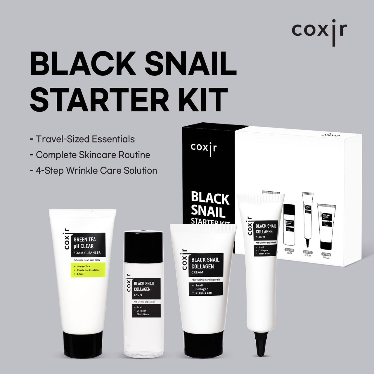 coxir Black Snail Collagen Starter Kit – Cleanser, Toner, Serum & Cream | Repairing Snail Mucin Skincare Set, Hydrating Korean Beauty Routine for Women (4-Piece)