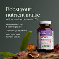 Thumbnail for New Chapter Fermented Vitamin D3 2,000 IU, Organic, ONE Daily for Immune, Heart & Bone Support + Whole-Food Turmeric, Adaptogenic Reishi Mushroom, 100% Vegetarian, Gluten Free, 90 Count