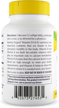 Thumbnail for Healthy Origins Vitamin D3 2,000 IU (50 mcg) & K2 200 mcg (Non-GMO, 3rd Party Tested, Bone Support, Cardiovacsular Support), 180 Softgels