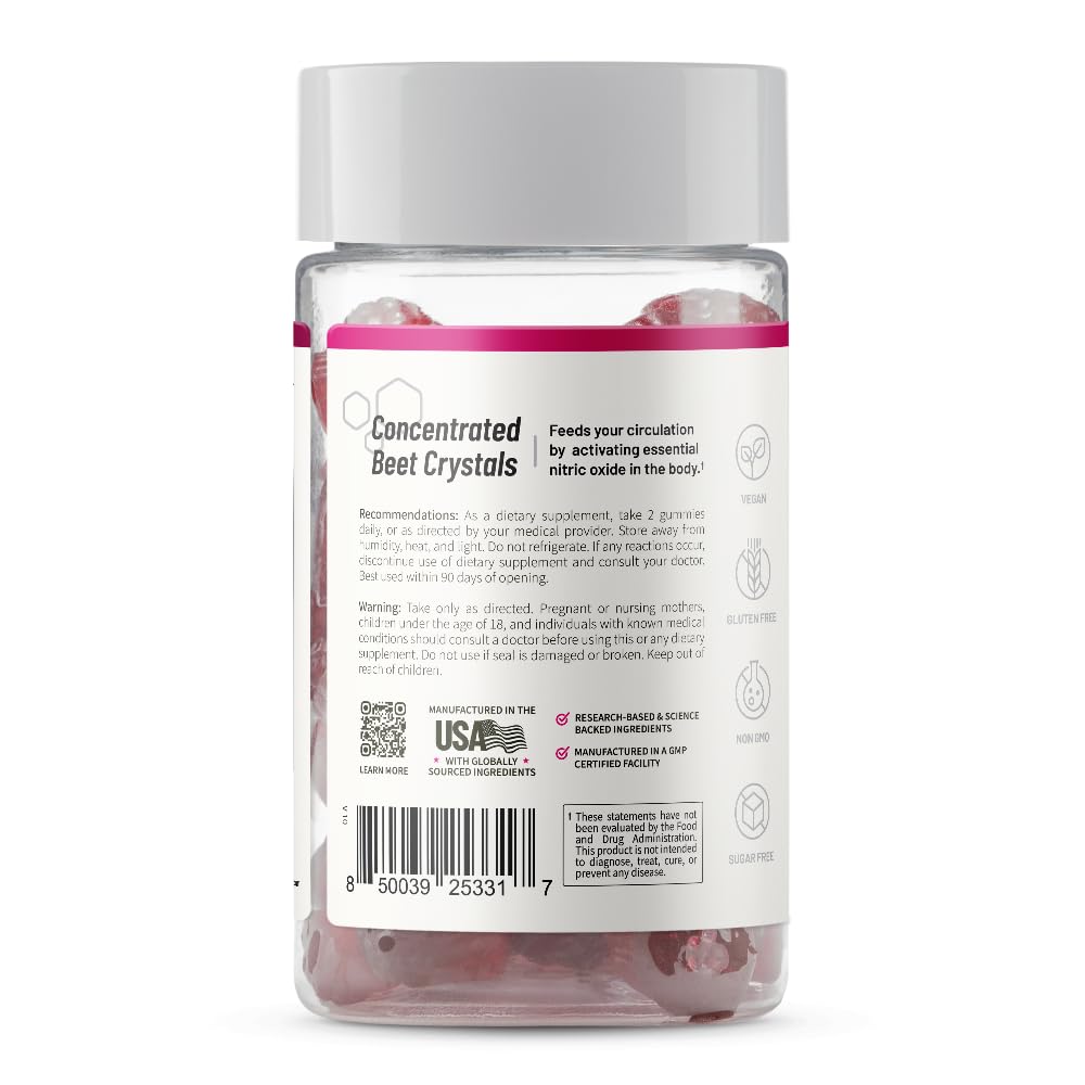 Snap Supplements Nitric Oxide Gummies - Beet Root Extract 300mg, Sugar Free Beetroot Supplement with Pomegranate Powder for Circulation & Natural Energy, 60 Vegan Gummies (2-Pack), Cherry Flavor