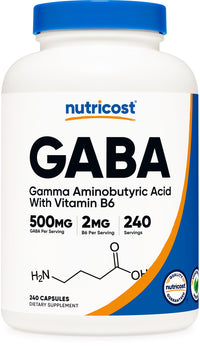 Thumbnail for Nutricost GABA (Gamma Aminobutyric Acid) + Vitamin B6, 500mg per Serving, 240 Capsules