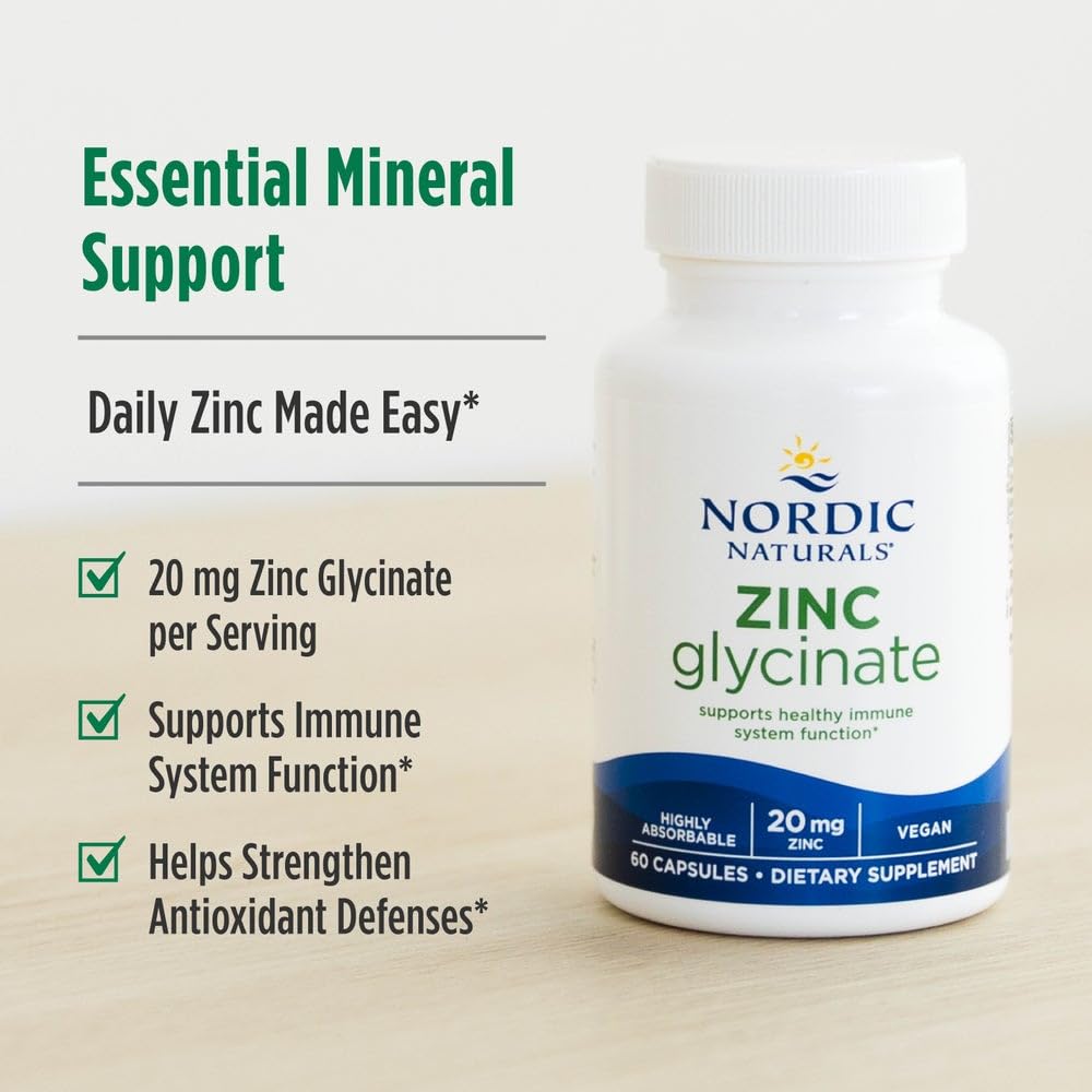 Nordic Naturals Zinc Glycinate - 60 Capsules - 20 mg Highly Absorbable Zinc Glycinate - Optimal Wellness - Non-GMO, Gluten Free, Vegan - 60 Servings