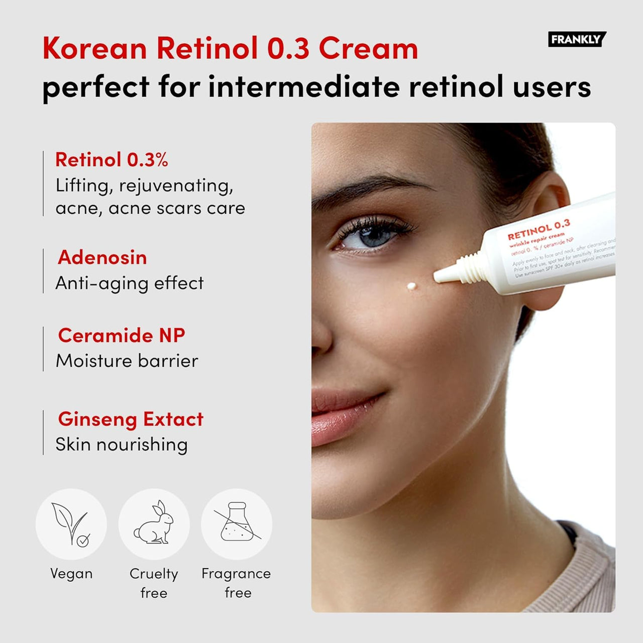 FRANKLY Retinol 0.3% Cream, 0.7 fl oz - Korean Intensive Retinol | Night Cream | Ceramides & Natural Ginseng | Anti-aging, Wrinkles Care, Reduces Congestion and hyperpigmentation | Korean Skin Care