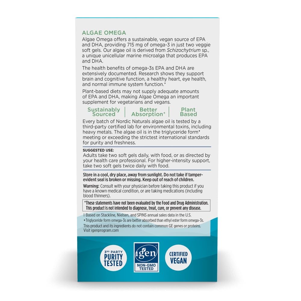 Nordic Naturals Algae Omega - 120 Soft Gels - 715 mg Omega-3 - Certified Vegan Algae Oil - Plant-Based EPA & DHA - Heart, Eye, Immune & Brain Health - Non-GMO - 60 Servings