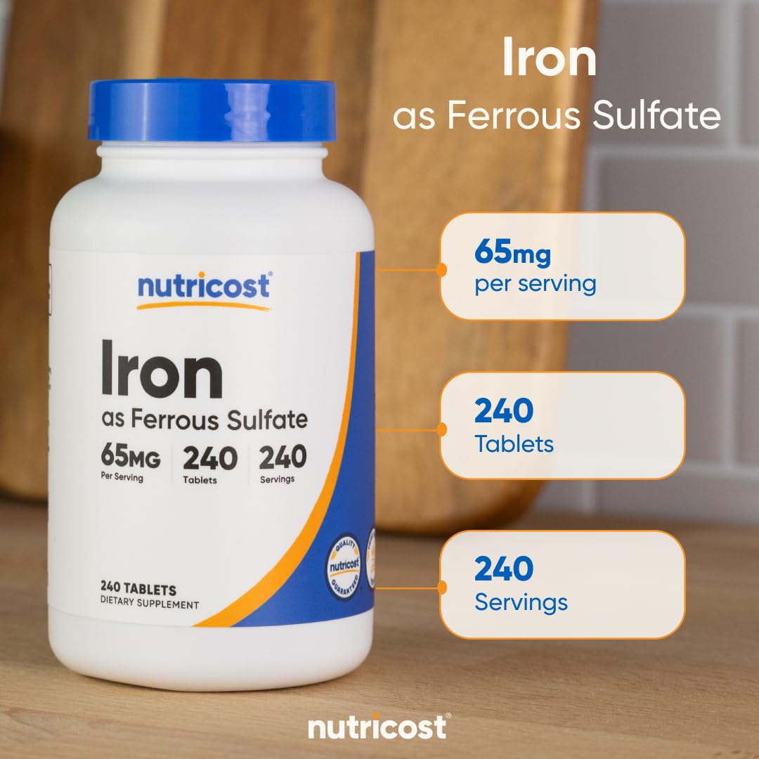Nutricost Iron (As Ferrous Sulfate) 65mg, 240 Tablets - Non-GMO, Gluten Free