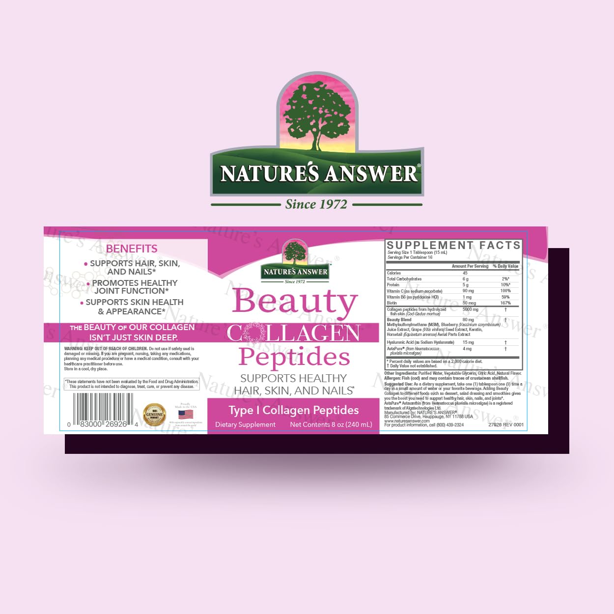 Nature's Answer Beauty Collagen Peptides 8 Fluid Ounces | Hair, Skin & Nail Support | Gluten-Free | Alcohol-Free | Non-GMO | Cruelty-Free | Single Count