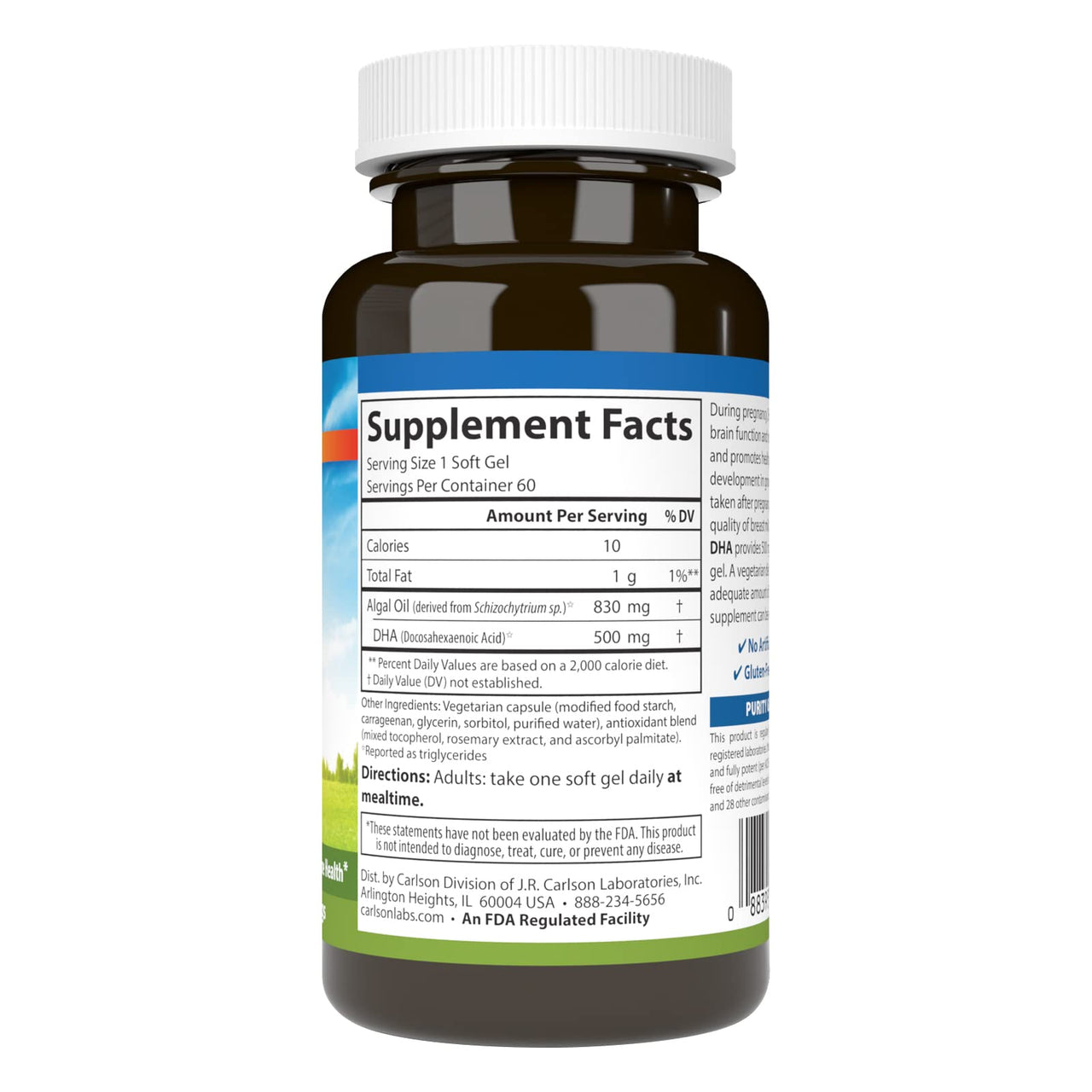 Carlson - Vegetarian Prenatal DHA, 500 mg DHA, Plant Based, Sustainably Sourced from Algae, Prenatal Support, Fetal Development, 60 Softgels